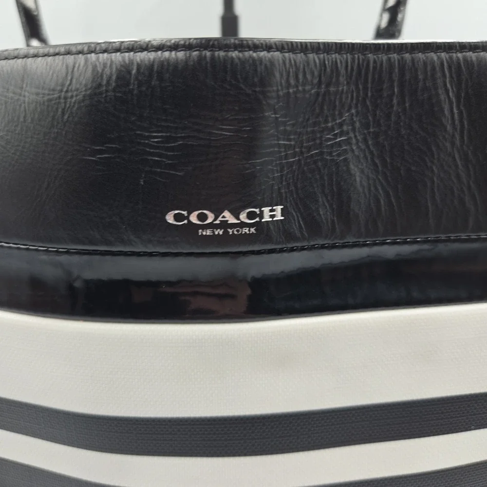 Coach Black & White Stripe Coated Canvas Shoulder Tote Large Bag 30511 Satin Int